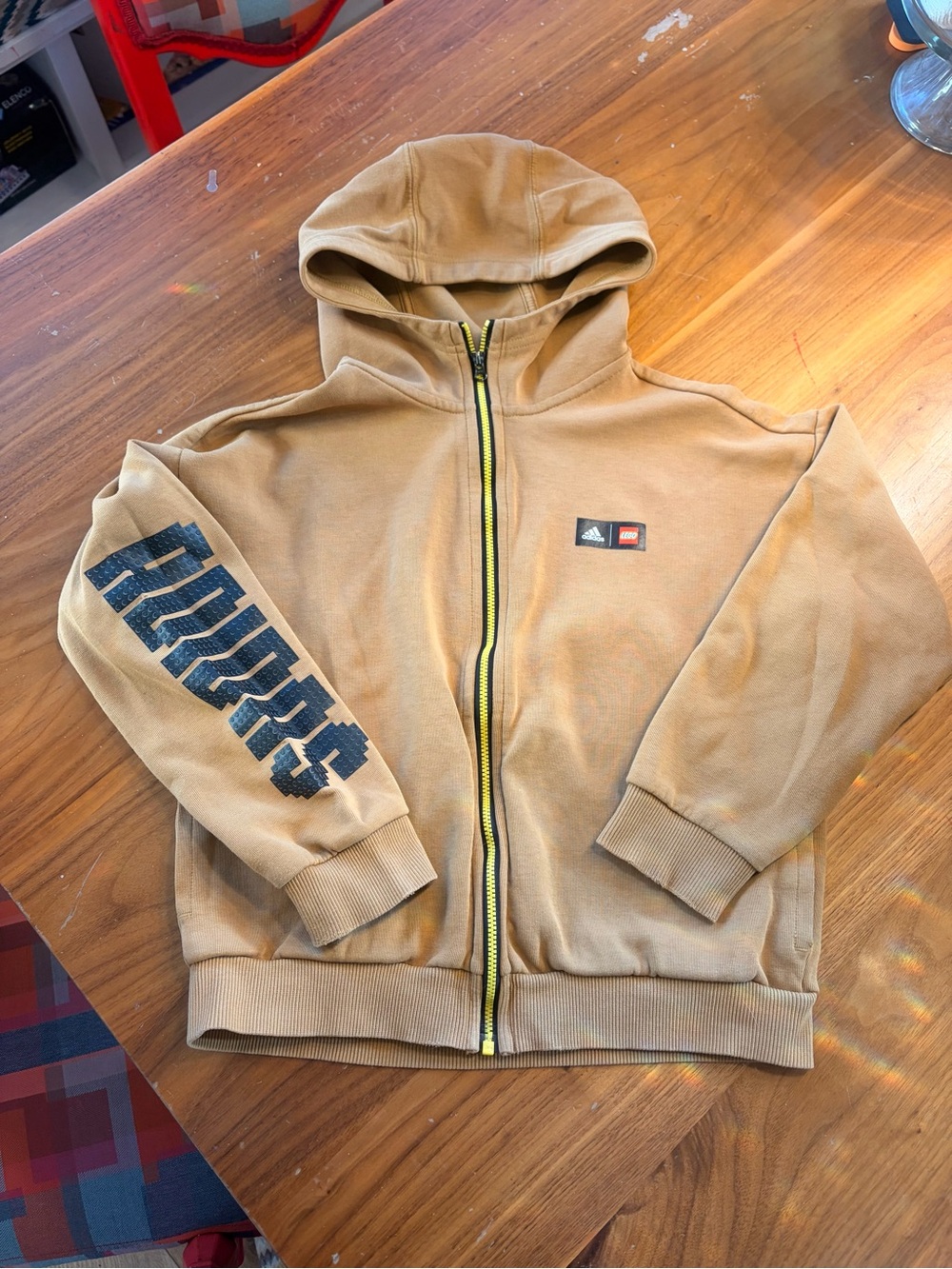 adidas Lego Tan Hooded Zip-Up Jacket with Black Sleeve Logo and Yellow Trim